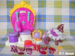 Size: 760x572 | Tagged: safe, photographer:yum-yum, sundance (g2), sunsparkle, g2, castle, clothes, crown, enchanted throne, robe, shoes, throne, toy