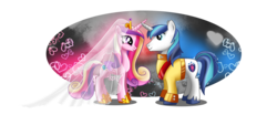 Size: 2400x1000 | Tagged: safe, artist:tiffanymarsou, princess cadance, shining armor, alicorn, pony, unicorn, g4, abstract background, clothes, concave belly, crown, duo, female, folded wings, heart, heart eyes, hoof shoes, jewelry, male, mare, missing accessory, physique difference, princess shoes, regalia, signature, simple background, slender, stallion, thin, transparent background, uniform, veil, wingding eyes, wings