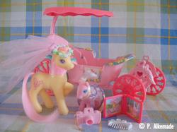 Size: 838x628 | Tagged: safe, photographer:p. alkemade, photographer:yum-yum, baby fleur, sky skimmer, earth pony, pony, g2, camera, carriage, comb, duo, female, filly, irl, mare, photo, photo album, playset, princess sky skimmer, toy, wedding, wedding veil