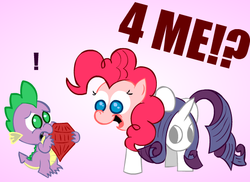 Size: 550x400 | Tagged: safe, artist:fr33z3dry, pinkie pie, rarity, spike, dragon, pony, g4, costume, disguise, exclamation point, female, gem, male, mare, ship:pinkiespike, ship:sparity, shipping, straight, surprised
