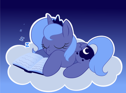 Size: 797x591 | Tagged: safe, artist:giantsquidie, princess luna, pony, g4, book, cloud, female, s1 luna, sleeping, solo, zzz