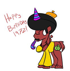 Size: 1262x1280 | Tagged: safe, artist:autonomous-zed, big macintosh, earth pony, pony, g4, afro, ask, comb, grimdark big mac, hair pick, hat, male, moustache, necklace, new year, party hat, party horn, stallion, tumblr
