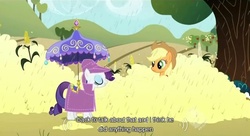 Size: 638x347 | Tagged: safe, screencap, applejack, rarity, g4, the return of harmony, chocolate rain, popcorn, youtube caption