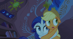 Size: 1280x690 | Tagged: safe, screencap, applejack, rarity, g4, look before you sleep, golden oaks library, hug