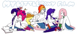 Size: 1112x500 | Tagged: safe, artist:uto, artist:うと, applejack, fluttershy, pinkie pie, rainbow dash, rarity, twilight sparkle, human, g4, clothes, cowgirl position, hat, hug, humanized, line-up, mane six, miniskirt, missing shoes, no more ponies at source, pixiv, schoolgirl, skirt, socks, thigh highs, thigh socks