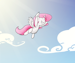 Size: 3000x2500 | Tagged: safe, artist:silverflitterdragon, princess celestia, alicorn, pony, g4, cewestia, cute, female, filly, flying, happy, pink-mane celestia, sky, smiling, solo