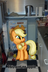 Size: 800x1202 | Tagged: safe, applejack, earth pony, pony, g4, eating, female, frown, kitchen, ponies in real life, puffy cheeks, refrigerator, solo