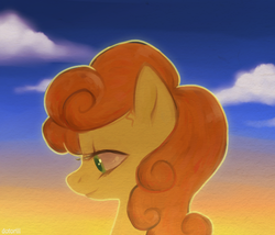 Size: 700x600 | Tagged: safe, artist:dotoriii, carrot top, golden harvest, earth pony, pony, g4, backlighting, cloud, female, looking down, mare, profile, sky, smiling, solo, sunrise