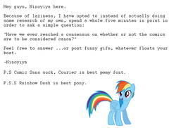 Size: 1216x886 | Tagged: safe, rainbow dash, pegasus, pony, g4, comic sans, comics, courier, female, folded wings, font, mare, meta, open mouth, question, simple background, solo, text, white background, wings