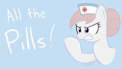 Size: 1000x567 | Tagged: safe, artist:tehflah, nurse redheart, earth pony, pony, g4, 30 minute art challenge, female, gritted teeth, hat, mare, nurse hat, raised hoof, signature, simple background, solo, text