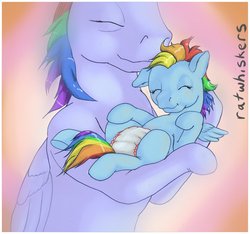 Size: 1050x982 | Tagged: safe, artist:ratwhiskers, rainbow blaze, rainbow dash, g2, g4, baby, diaper, duo, foal
