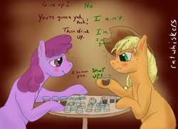 Size: 1171x850 | Tagged: safe, artist:ratwhiskers, applejack, berry punch, berryshine, g4, alcohol, blushing, drinking contest, drunk, drunk aj, duo