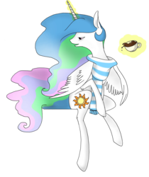 Size: 1157x1380 | Tagged: safe, artist:octomoparalysis, princess celestia, alicorn, pony, g4, clothes, coffee, female, mare, scarf, simple background, solo, tired, transparent background