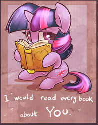 Size: 782x1000 | Tagged: safe, artist:atryl, twilight sparkle, pony, unicorn, g4, book, cute, female, filly, foal, holiday, looking at you, solo, twiabetes, unicorn twilight, valentine's day