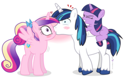 Size: 1600x1000 | Tagged: safe, artist:dm29, princess cadance, shining armor, twilight sparkle, g4, blushing, filly, now kiss, shipper on deck, simple background, transparent background, trio, twilight the shipper, twily, wingboner