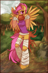 Size: 895x1359 | Tagged: safe, artist:velexane, scootaloo, anthro, g4, bandage, bottomless, cute, cutealoo, featureless crotch, female, fishnet stockings, forest, ninja, solo, strider, striderloo, tree