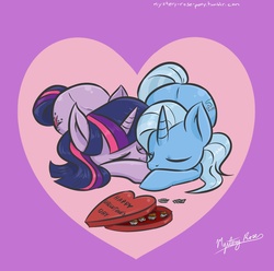 Size: 1240x1232 | Tagged: dead source, safe, artist:mysteryrose, trixie, twilight sparkle, pony, unicorn, g4, chocolate, cuddling, duo, female, heart, horn, lesbian, ship:twixie, shipping, valentine