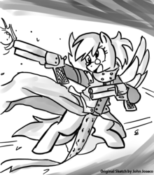 Size: 667x759 | Tagged: safe, artist:johnjoseco, derpy hooves, pegasus, pony, g4, crossover, female, glasses, grayscale, mare, monochrome, trigun, vash the stampede