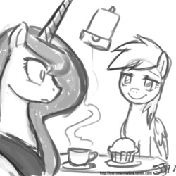 Size: 1280x1280 | Tagged: safe, artist:johnjoseco, derpy hooves, princess luna, pegasus, pony, g4, coffee, female, grayscale, lesbian, mare, monochrome, muffin, ship:lunaderp, shipping, tea, underp