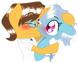 Size: 392x313 | Tagged: safe, artist:artflicker, doctor horse, doctor stable, screw loose, g4, blushing, duo, eyes closed, female, floppy ears, glasses, hug, kissing, male, shipping, simple background, stableloose, straight, transparent background, unprofessional behavior