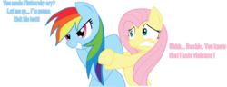 Size: 7536x2882 | Tagged: safe, artist:hoodie-stalker, fluttershy, rainbow dash, pegasus, pony, g4, bipedal, dialogue, duo, duo female, female, simple background, teeth, transparent background, vector