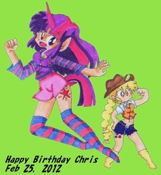 Size: 523x570 | Tagged: safe, artist:doka, applejack, twilight sparkle, human, g4, horn, horned humanization, humanized, pixiv, tailed humanization, traditional art