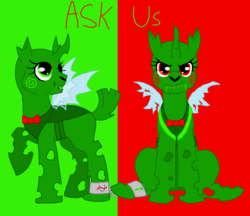 Size: 1154x998 | Tagged: safe, artist:askthecherublings, changeling, ask, caliborn, calliope, changelingified, green changeling, homestuck