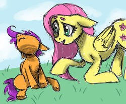 Size: 1280x1061 | Tagged: safe, artist:toomuchsoul, fluttershy, scootaloo, pegasus, pony, g4, female, filly, mare