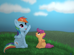 Size: 800x600 | Tagged: safe, artist:blutwistar, rainbow dash, scootaloo, pegasus, pony, g4, blank flank, cloud, duo, duo female, female, filly, grass, mare, open mouth, raised hoof, sitting, sky, smiling, underhoof