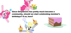 Size: 773x369 | Tagged: safe, derpy hooves, pinkie pie, derpibooru, g4, birthday, cake, hat, meta, muffin, party hat, party horn, present, question, text