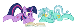 Size: 1148x426 | Tagged: safe, artist:owl-eyes, lyra heartstrings, twilight sparkle, g4, book, reading, simple background