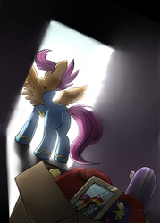 Size: 1000x1399 | Tagged: safe, artist:uc77, rainbow dash, scootaloo, g4, older, scooter, wonderbolts