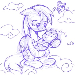 Size: 945x945 | Tagged: safe, artist:megasweet, derpy hooves, dinky hooves, pegasus, pony, unicorn, g4, baby, baby dinky hooves, baby pony, crossover, equestria's best mother, female, foal, male, mare, mario, monochrome, newborn, nintendo, super mario bros., underp