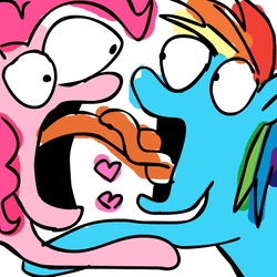 Size: 945x945 | Tagged: safe, artist:megasweet, artist:rustydooks, pinkie pie, rainbow dash, pony, g4, female, french kiss, heart, kissing, lesbian, long tongue, parody, ship:pinkiedash, shipping, stylistic suck, tongue out, tongue to tongue