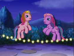 Size: 640x480 | Tagged: safe, screencap, lily lightly, rarity (g3), a very pony place, come back lily lightly, g3, jump rope, lights, night