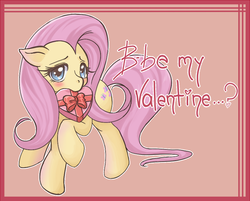 Size: 750x604 | Tagged: safe, artist:cielaart, fluttershy, g4, blushing, floppy ears, full body, heart, heart shaped box, holiday, looking at you, outline, pink background, present, raised hoof, simple background, solo, stuttering, valentine, valentine's day, white outline