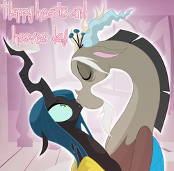 Size: 700x690 | Tagged: safe, artist:peachiekeenie, artist:tarajenkins, discord, queen chrysalis, changeling, changeling queen, draconequus, cupidite, discorderlyconduct, g4, duo, female, hearts and hooves day, kiss on the lips, kissing, ship:discolis, shipping