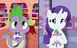 Size: 2110x1306 | Tagged: safe, artist:kristysk, rarity, spike, dragon, pony, unicorn, g4, carousel boutique, duo, duo male and female, female, golden oaks library, hilarious in hindsight, horn, male, plushie, rarity plushie, ship:sparity, shipping, spike plushie, spikelove, straight