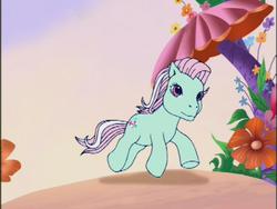 Size: 640x480 | Tagged: safe, screencap, minty, earth pony, pony, a charming birthday, g3, female, flower tree, mare, running, solo