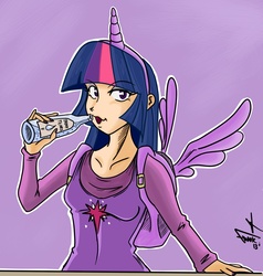 Size: 1075x1127 | Tagged: safe, artist:frankaraya, twilight sparkle, human, g4, alicorn drama, backpack, bottle, brony tears, drinking, humanized, nail polish, solo, twilight sparkle (alicorn), your tears are delicious