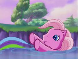 Size: 640x480 | Tagged: safe, screencap, pinkie pie (g3), rarity (g3), g3, the runaway rainbow, river, tail, water, waterfall