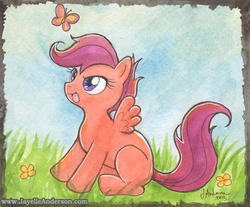 Size: 576x476 | Tagged: dead source, safe, artist:jayelle-anderson, scootaloo, butterfly, pegasus, pony, g4, blank flank, cute, cutealoo, eyelashes, female, filly, flower, foal, grass, open mouth, signature, sitting, solo, spread wings, traditional art, watercolor painting, watermark, wings