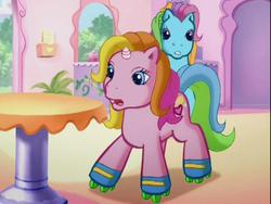 Size: 640x480 | Tagged: safe, screencap, rainbow dash (g3), rarity (g3), g3, the runaway rainbow, cotton candy cafe, roller skates, table