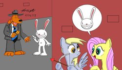 Size: 1024x585 | Tagged: safe, artist:pheeph, derpy hooves, fluttershy, pegasus, pony, g4, female, mare, max (sam and max), sam (sam and max), sam and max