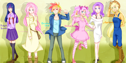 Size: 1200x600 | Tagged: safe, artist:shibi, artist:しび, applejack, fluttershy, pinkie pie, rainbow dash, rarity, twilight sparkle, human, g4, clothes, dress, humanized, mane six, pixiv, skinny, skirt, thin