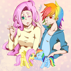 Size: 1100x1100 | Tagged: safe, artist:shibi, artist:しび, fluttershy, rainbow dash, human, g4, boop, breasts, cleavage, clothes, delicious flat chest, eyes closed, female, human ponidox, humanized, lesbian, one eye closed, pixiv, rainbow flat, ship:flutterdash, shipping, sweater, sweatershy