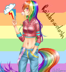 Size: 1200x1300 | Tagged: dead source, safe, artist:sakido, rainbow dash, human, g4, blushing, bubblegum, clothes, food, gum, humanized, jeans, pants, pixiv, tailed humanization