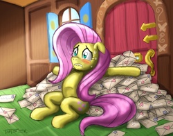 Size: 1016x797 | Tagged: safe, artist:pluckyninja, fluttershy, pegasus, pony, g4, blushing, door, interior, letter, lip bite, love letter, pile, valentine