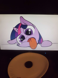 Size: 960x1280 | Tagged: dead source, safe, artist:wolfnanaki, artist:zev, twilight sparkle, pony, unicorn, g4, 4chan, computer, cookie, cute, eyes on the prize, female, filly, foal, food, hnnng, open mouth, oreo, otaku date, photo, ponified animal photo, reaching, silly, silly pony, solo, tongue out, twilight stealing a cookie, waifu dinner