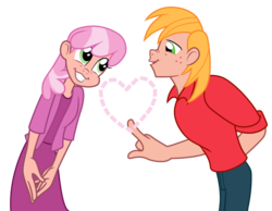 Size: 2172x1684 | Tagged: safe, artist:trinityinyang, big macintosh, cheerilee, human, g4, hearts and hooves day (episode), female, finger, heart, humanized, love poison, love potion, male, nose wrinkle, scene interpretation, ship:cheerimac, shipping, simple background, skinny, straight, thin, transparent background